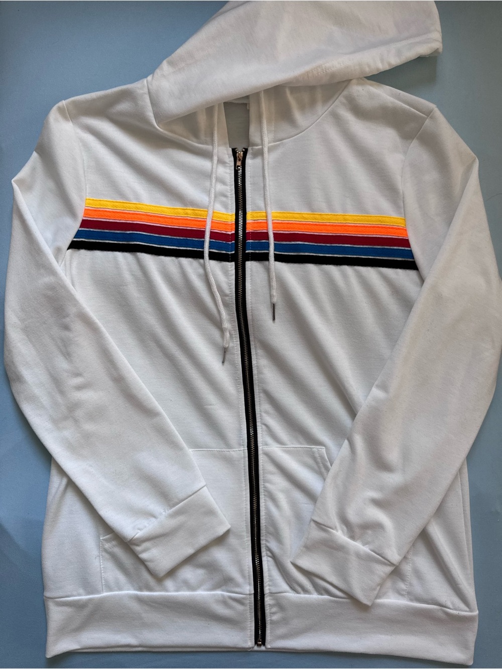 White M Striped Zip-Up Hoodie Sweatshirt Multicolor Retro Stripe Beachy Fall